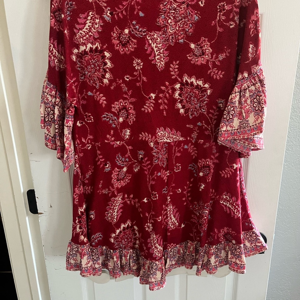 Red Pattern Blouse with Ruffles - Picture 2 of 5